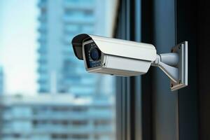 Sécurité surveillance caméra sur mur, moderne bâtiment. vidéosurveillance dans ville ai génératif photo