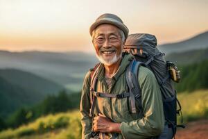 actif retraité asiatique homme randonnée dans montagnes, tomber ou été saison, en plein air. ai génératif photo