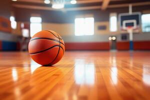 basketball Balle dans salle de sport, copie espace, proche en haut, Orange Contexte ai génératif photo