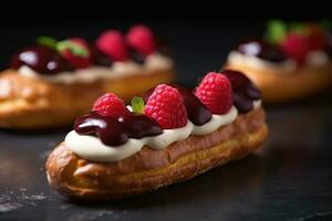 éclairs avec baies et crémeux remplissage. traditionnel français Pâtisserie dessert ai génératif photo