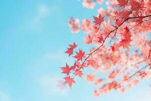 rouge érable feuilles sur Haut de arbre sur bleu ciel Contexte. abstrait tomber saison la nature Contexte ai génératif photo