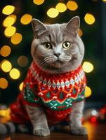 ai généré Britanique cheveux courts chat portant Noël laid chandail. Noël de fête ambiance photo