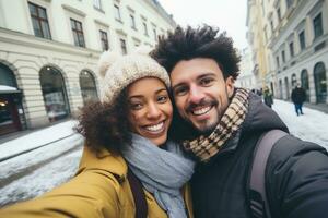 ai généré interracial couple dans ville sur hiver L'Europe  vacances. mode de vie et Voyage photo