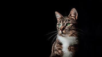 portrait de une chat sur une noir Contexte photo