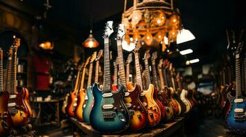 groupe de électrique guitares dans la musique magasin sur bureau. photo
