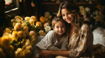 magnifique Jeune mère et sa peu fils séance sur le lit avec Jaune des roses fleurs. photo