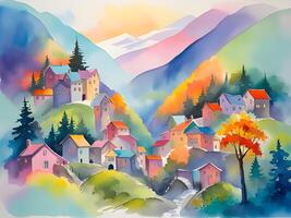 aquarelle La peinture de Montagne village paysage photo