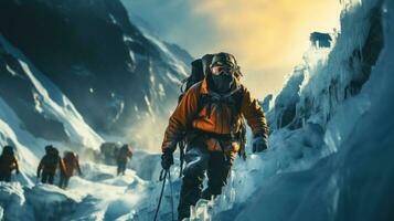 la glace escalade, hiver des sports parmi neigeux montagnes. ai généré. photo