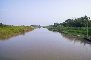 canal avec vert herbe et végétation réfléchi dans le l'eau près padma rivière dans bangladesh photo