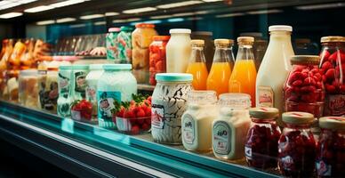 lait, kéfir, laitier des produits dans une magasin, réfrigéré afficher Cas dans une supermarché - ai généré image photo