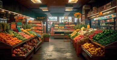 épicerie magasin, fruit comptoir, jus les boissons fermer - ai généré image photo