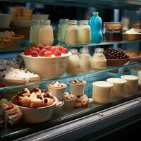 laitier des produits, Lait et fromage dans une supermarché, nourriture afficher - ai généré image photo
