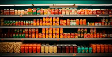 épicerie magasin, fruit comptoir, boissons, jus, confitures sur afficher dans une supermarché - ai généré image photo