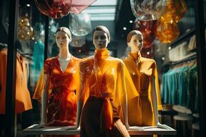 mannequins dans à la mode aux femmes Vêtements dans une boutique la fenêtre. mode style. généré par artificiel intelligence photo