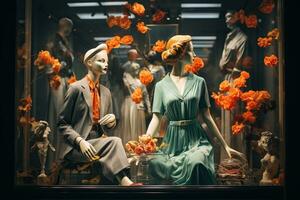 mannequins dans à la mode aux femmes Vêtements dans une boutique la fenêtre. mode style. généré par artificiel intelligence photo