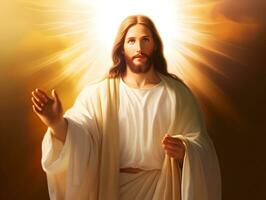 ressuscité Jésus Christ atteindre en dehors main et prier photo