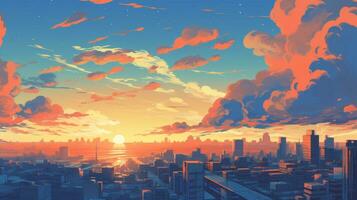 magnifique anime style Contexte avec une pittoresque lever du soleil, duveteux des nuages, une serein lac, et une radiant Soleil. photo