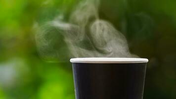 café à emporter dans une papier tasse sur Haut de le voiture toit vert arbre Contexte à lever du soleil dans le matin, sélectif se concentrer, doux se concentrer. photo