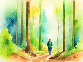 aquarelle illustration de homme permanent dans le forêt, main peint illustration. photo