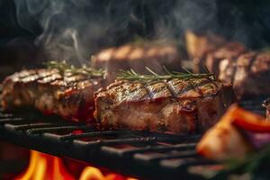 Viande grillage sur une charbon gril avec fumée en hausse. ai généré photo