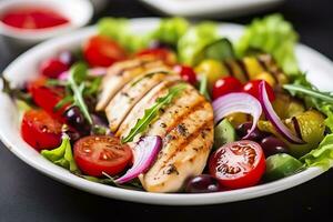 grillé poulet Sein avec tomates, rouge poivre, biologique vert et kalamata Olives. ai généré photo