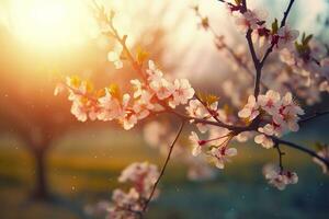 printemps fleur Contexte. la nature scène avec épanouissement arbre et Soleil éclater. génératif ai photo