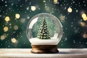 ai généré Noël neige globe avec décoré Noël arbre et flocons de neige. flou bokeh foncé vert Contexte. ai génératif photo