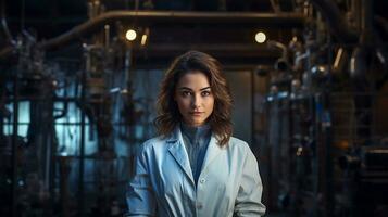 portrait de une Jeune femme dans une blanc manteau. industriel Contexte. ai généré photo