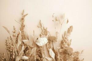 beige minimaliste Contexte avec sec fleurs. produire ai photo