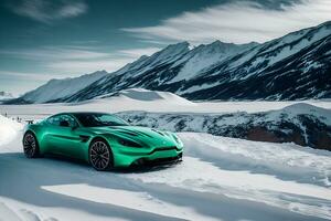 une Aston Martin avantage vert sur un la glace route dans montagneux zones généré par ai photo