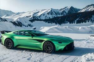 une Aston Martin avantage vert sur un la glace route dans montagneux zones généré par ai photo