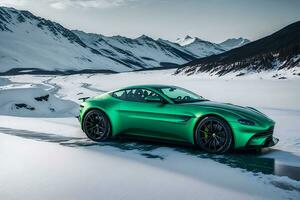 une Aston Martin avantage vert sur un la glace route dans montagneux zones généré par ai photo