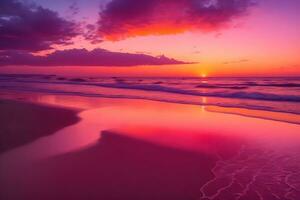 ai révèle étourdissant le coucher du soleil par le tranquille plage généré par ai photo