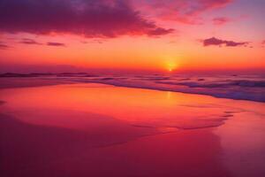 ai révèle étourdissant le coucher du soleil par le tranquille plage généré par ai photo