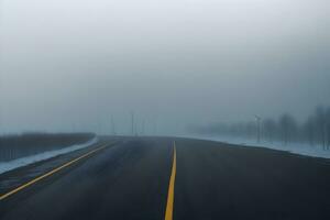 vide ville route couvert dans brouillard, brumeux asphalte route sur une hiver Matin généré par ai photo