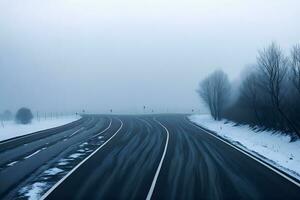 vide ville route couvert dans brouillard, brumeux asphalte route sur une hiver Matin généré par ai photo