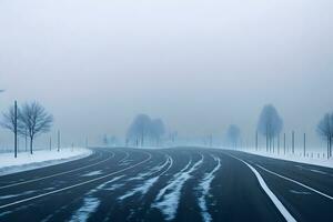 vide ville route couvert dans brouillard, brumeux asphalte route sur une hiver Matin généré par ai photo