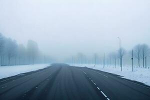 vide ville route couvert dans brouillard, brumeux asphalte route sur une hiver Matin généré par ai photo