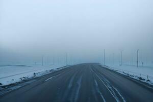 vide ville route couvert dans brouillard, brumeux asphalte route sur une hiver Matin généré par ai photo