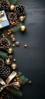 Noël Nouveau année carte Contexte avec sapin branches, cônes, des balles, cadeau boîte et rubans. plat allonger avec vide copie espace. ai génératif photo