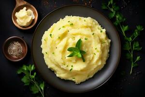 crémeux en purée Patate délice avec Parmesan fromage. ai génératif photo