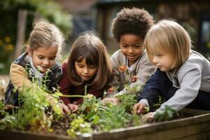 une groupe de les enfants apprentissage à propos le compostage dans une école jardin. écoliers étude sauvage les plantes. ai génératif photo