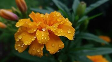 souci fleur fleurit après pluie. magnifique Jaune fleur avec gouttes de pluie. ai généré photo