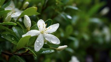 magnifique blanc jasmin fleur avec gouttes de pluie sur une vert flou Contexte. ai généré photo