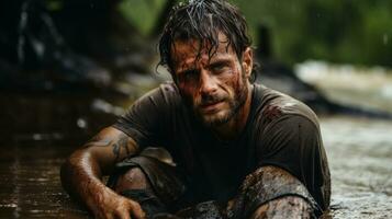 homme avec sale visage et mains dans le pluie asseoir dans boue. photo