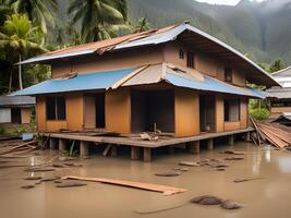 abandonné maison avec inondé l'eau , tsunami attaque photo