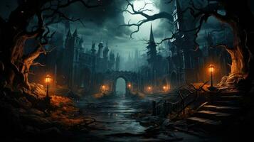 Contexte pour Halloween vieux gothique Château hanté Manoir sur une effrayant nuit, ai généré. photo