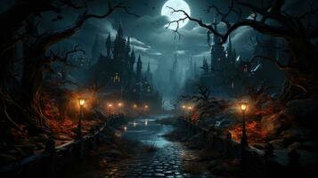 Contexte pour Halloween vieux gothique Château hanté Manoir sur une effrayant nuit, ai généré. photo