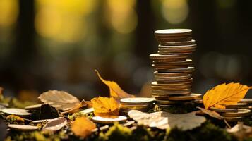 pièces de monnaie et des arbres planté sur piles de pièces de monnaie pour la finance et bancaire ai généré. photo