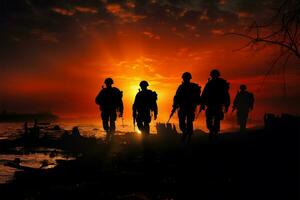 soldats silhouettes dans couchers de soleil sentinelles résonner en dessous de le soir lueur ai généré photo